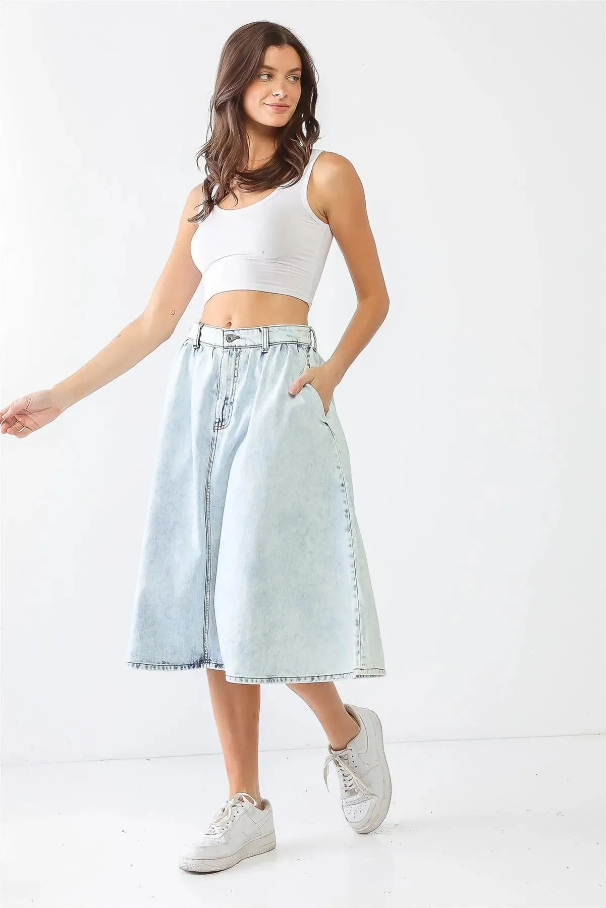 Acid Wash Denim Cotton Two Pocket Flare Hem Midi Skirt /1-2-1