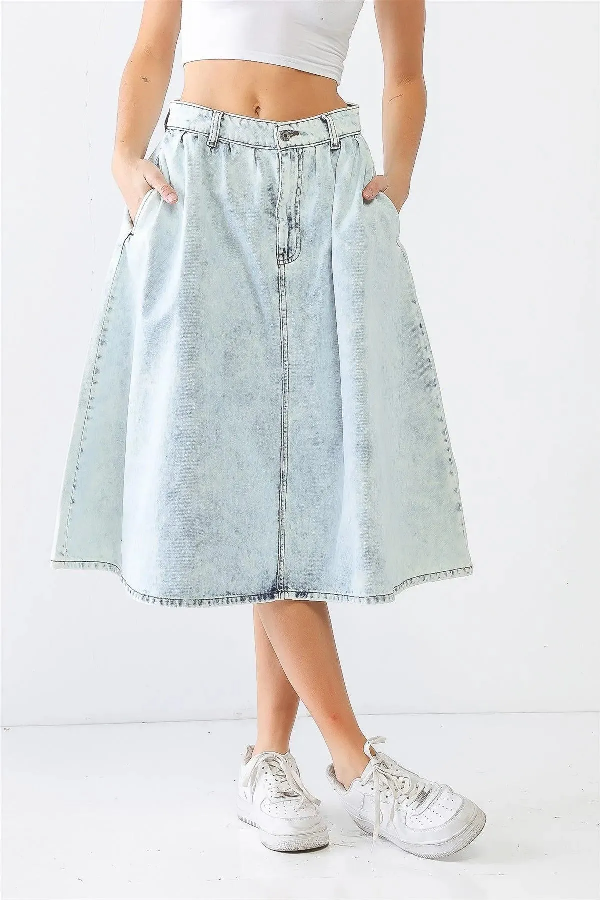 Acid Wash Denim Cotton Two Pocket Flare Hem Midi Skirt /1-2-1