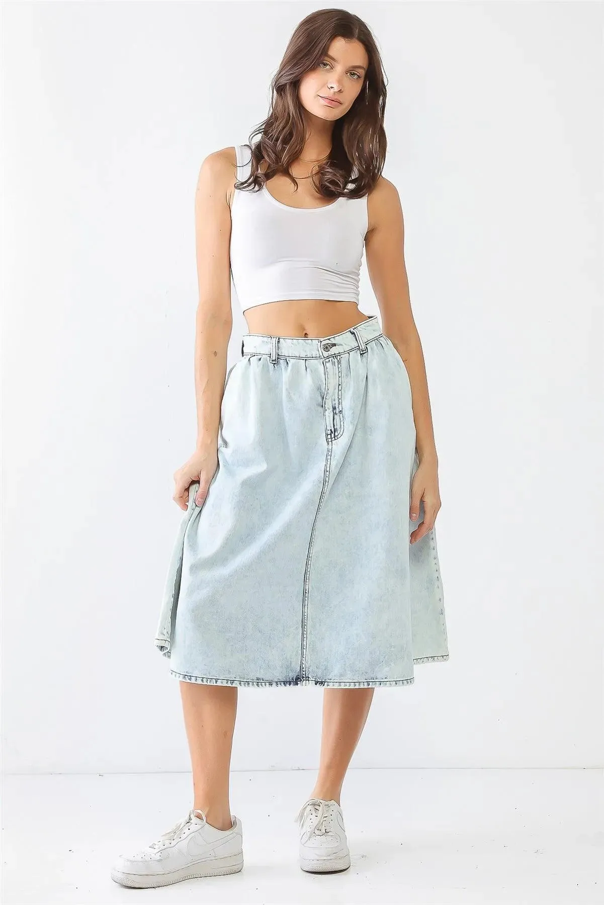Acid Wash Denim Cotton Two Pocket Flare Hem Midi Skirt /1-2-1