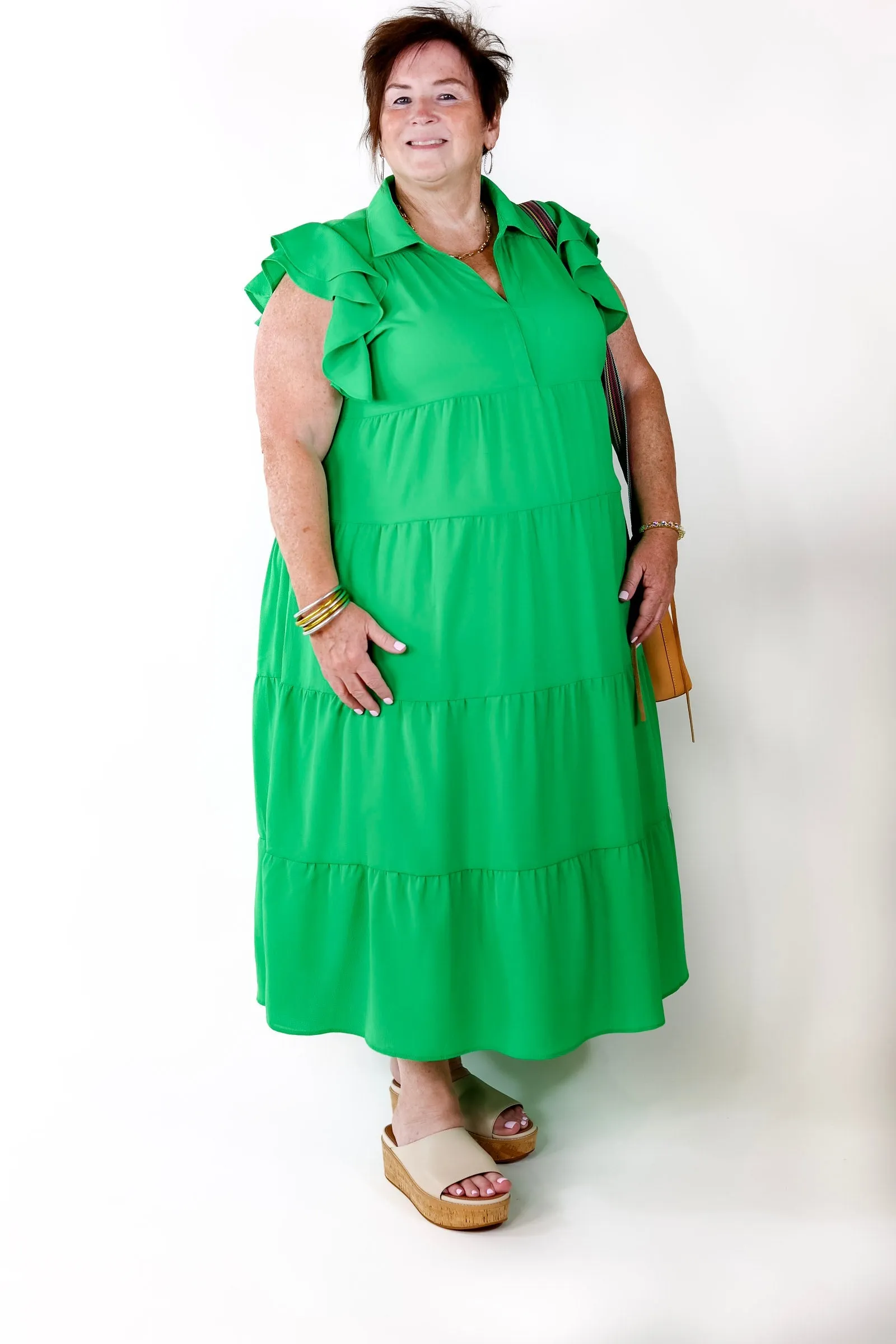 All Of A Sudden Tiered Midi Dress with Ruffle Cap Sleeves in Green