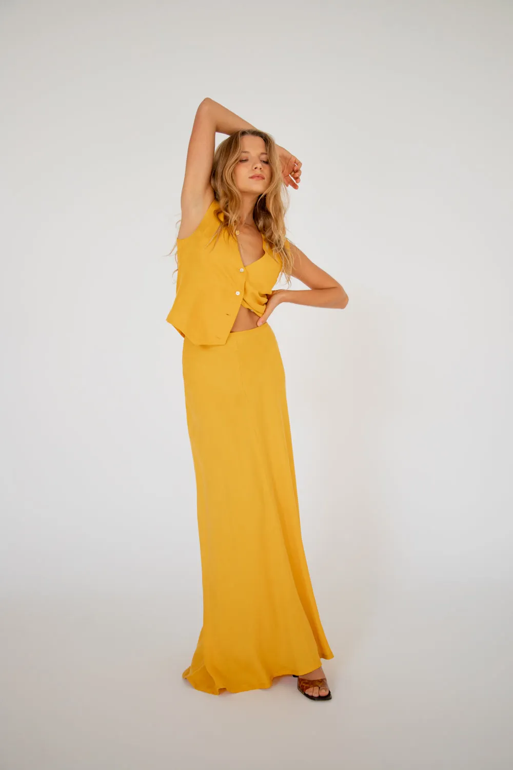 Carmine Bias Cut Maxi Skirt Mustard