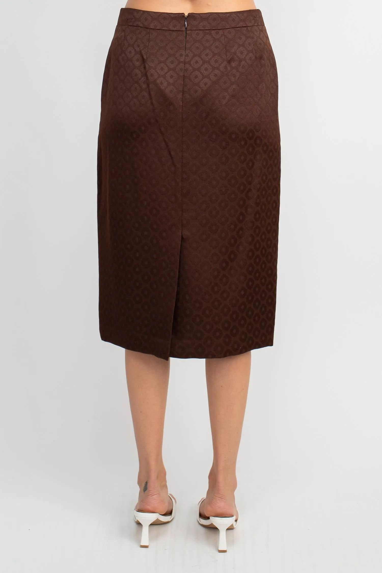 Crew Neck Long Sleeve Zipper Front Pencil Skirt Slit Back Jacquard Skirt Set
