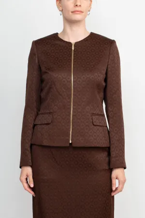 Crew Neck Long Sleeve Zipper Front Pencil Skirt Slit Back Jacquard Skirt Set