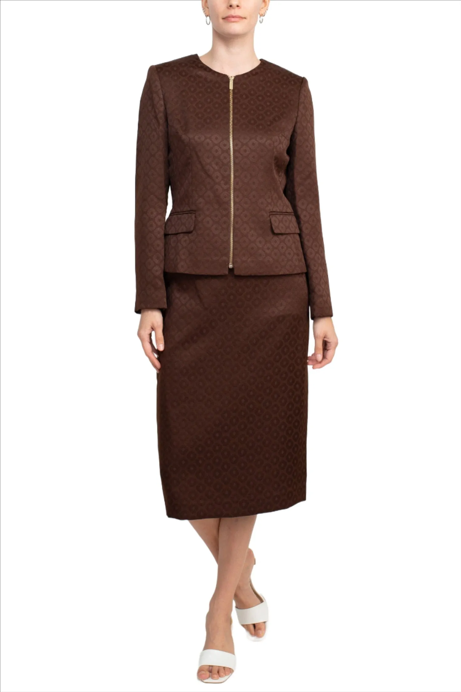Crew Neck Long Sleeve Zipper Front Pencil Skirt Slit Back Jacquard Skirt Set