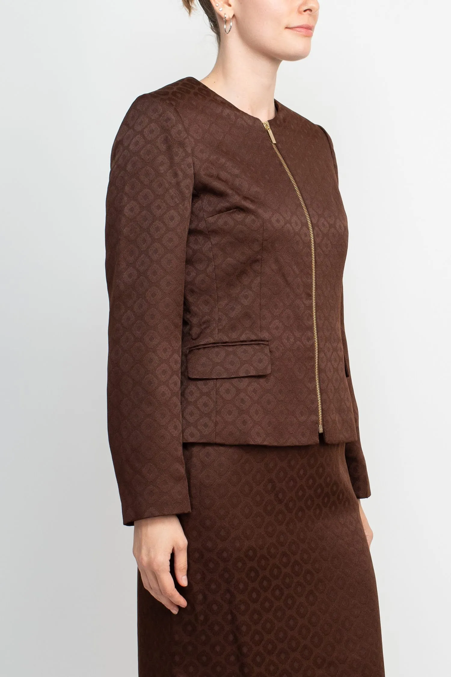 Crew Neck Long Sleeve Zipper Front Pencil Skirt Slit Back Jacquard Skirt Set