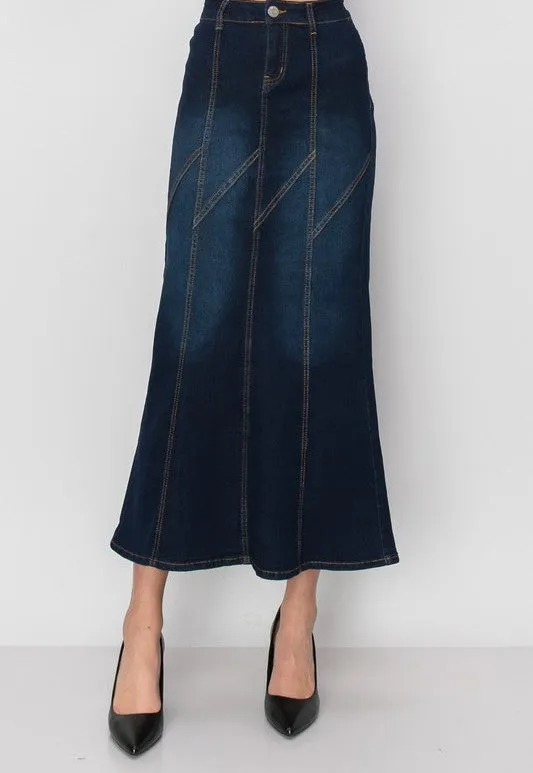Dark Indigo Long Denim Skirt W/ Seams