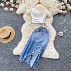 Jessica Lace up top with Denim Split Skirt