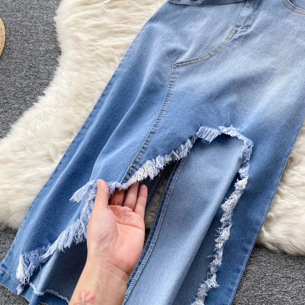 Jessica Lace up top with Denim Split Skirt