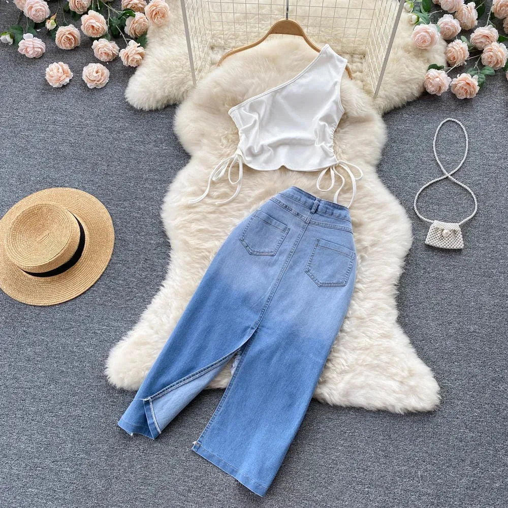 Jessica Lace up top with Denim Split Skirt