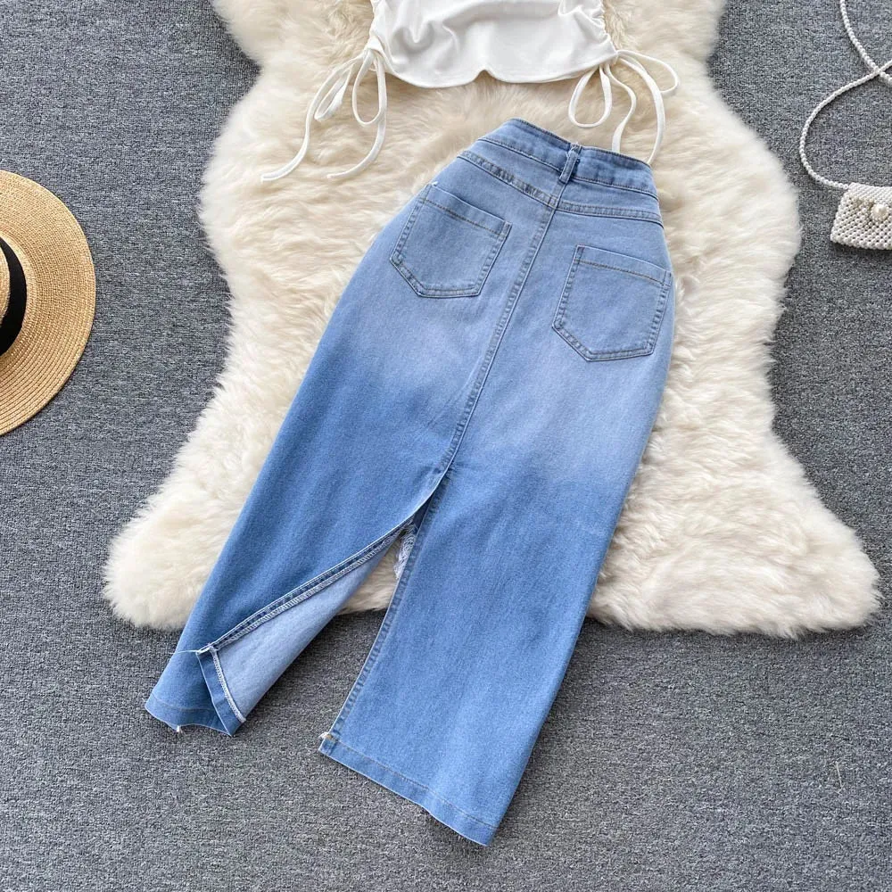 Jessica Lace up top with Denim Split Skirt