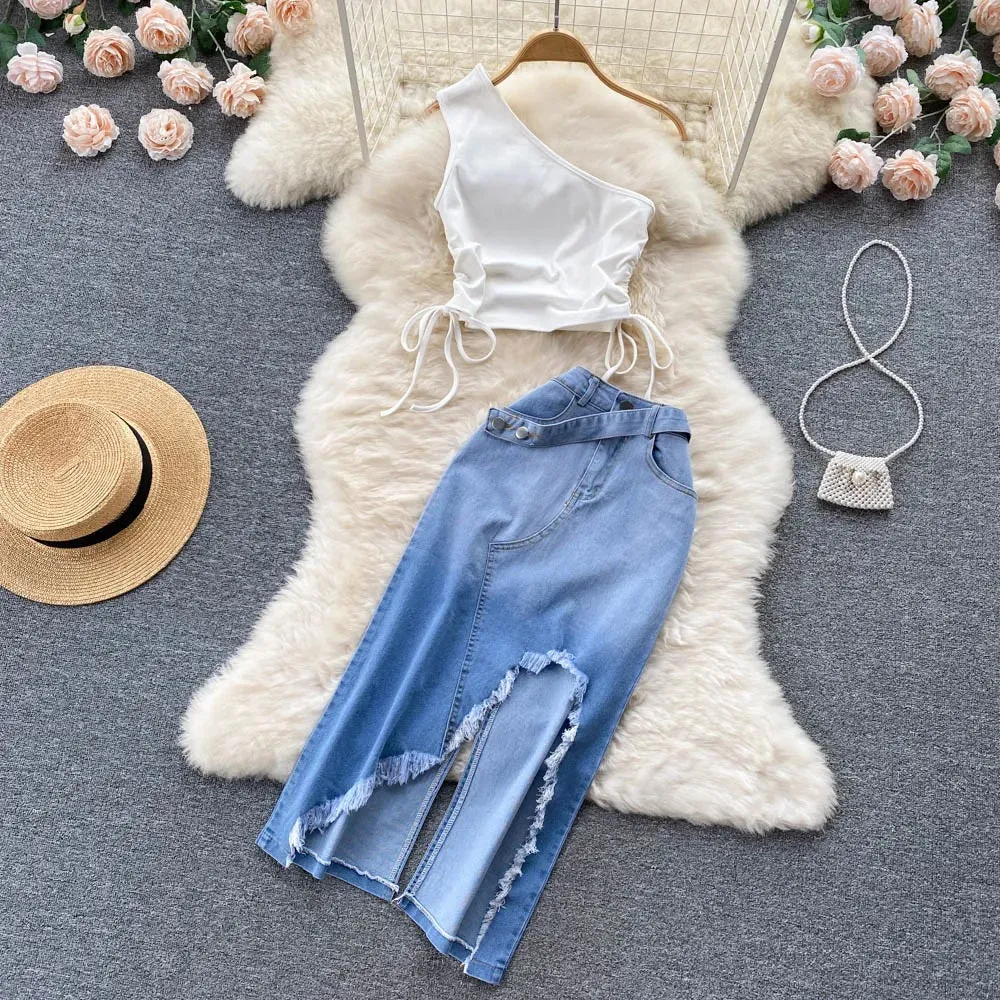 Jessica Lace up top with Denim Split Skirt