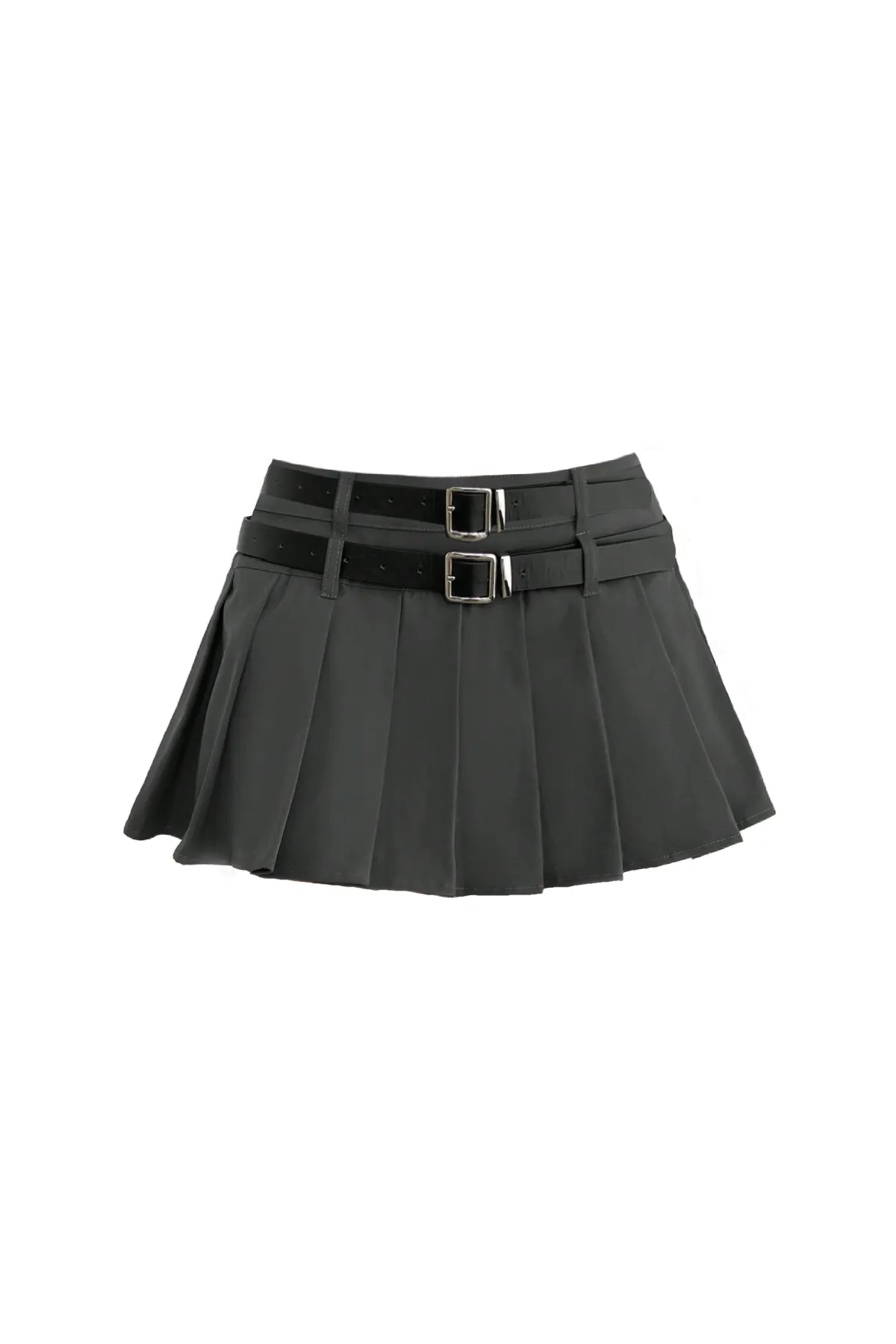 Revenge Double Belt Pleated Mini Skirt (Slate Grey)