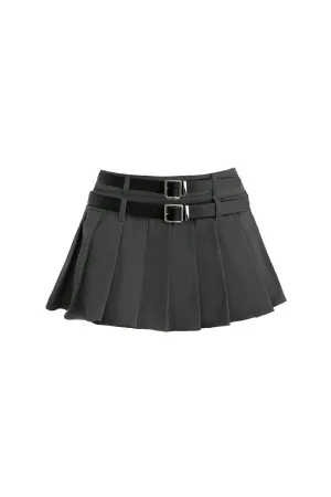 Revenge Double Belt Pleated Mini Skirt (Slate Grey)