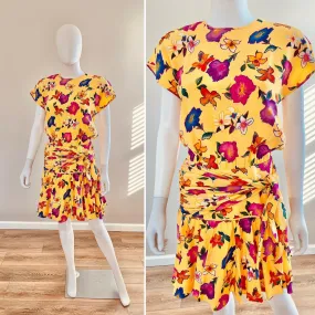 Vintage 1990s Escada Yellow Floral Mini Dress / 90s luxury label resort wear size S